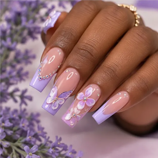 Lila con mariposa y flores